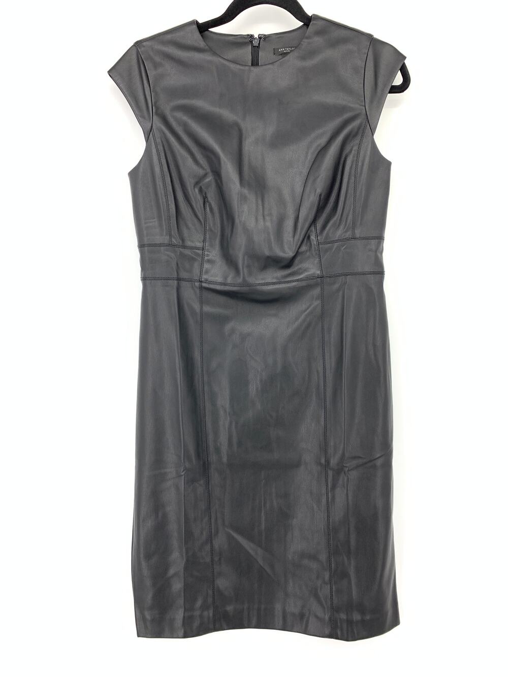 Ann Taylor Cap Sleeve Faux Leather Sheath Dress Womens Size 8P Black NEW